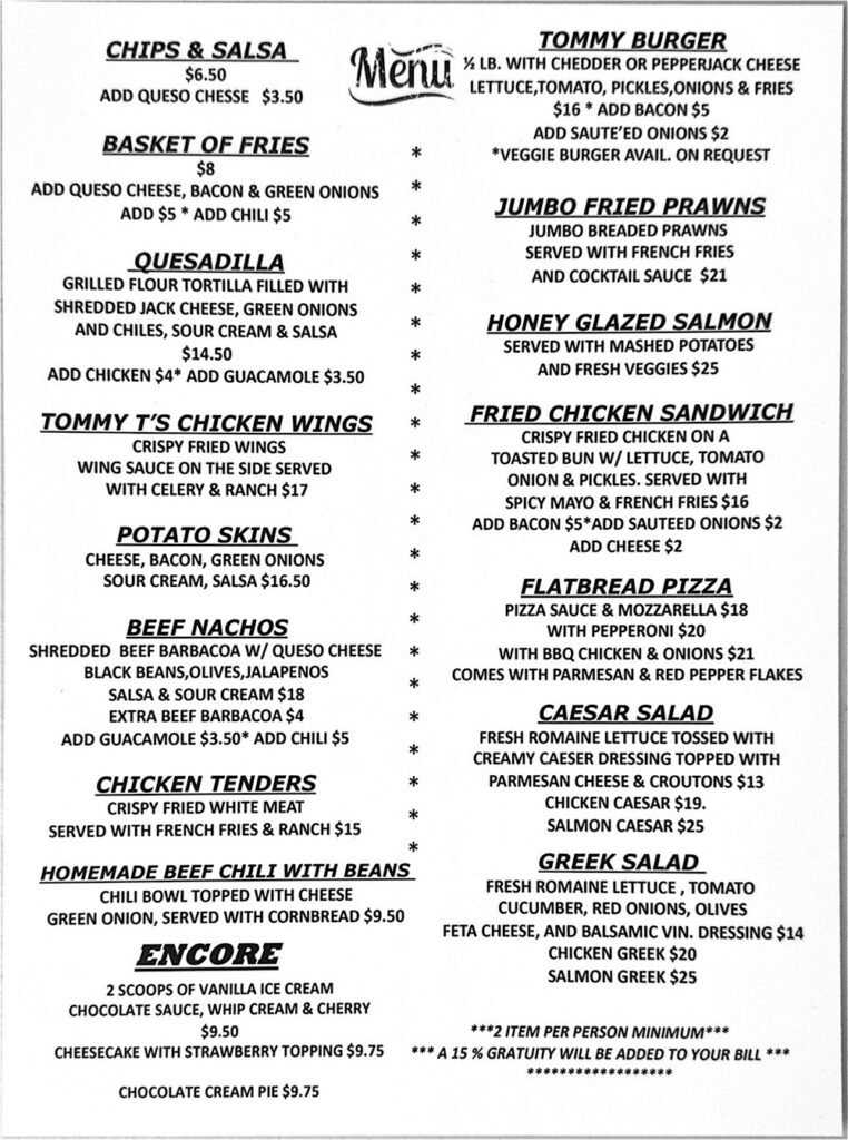 Tommy T's Menu Page 1